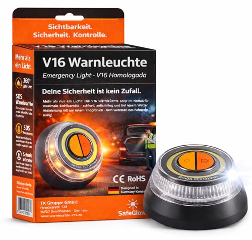 Safeglow® Warnleuchte V16 Notlicht 2026 IDIADA Zulassung Nr. PC21020060 - Warndreieck - Pannendreieck - EU Zulassung - für Auto & Motorrad