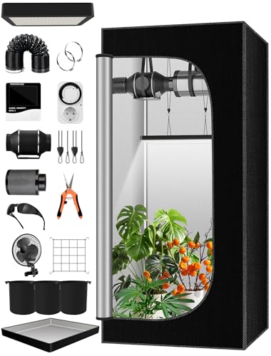 QEANY Komplettes Growzelt Set, 60x60x140cm Growbox, Growzelt-System mit 100W LED-Wachstumslicht, automatischem 4-Zoll-Lüfter, Kohlefilter und Lüfter, Indoor Grow Tent Set (6060140TZ)