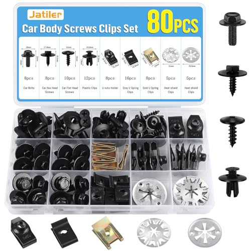 JatilEr 80 Stück Karosserieschrauben Clips Set, Kfz Blechmuttern Schraube Mutter Clip Kit, U Typ Befestigungsclips mit Klemmscheiben Hitzeschutzblech für Auto Body Undertray Fender Türverkleidung