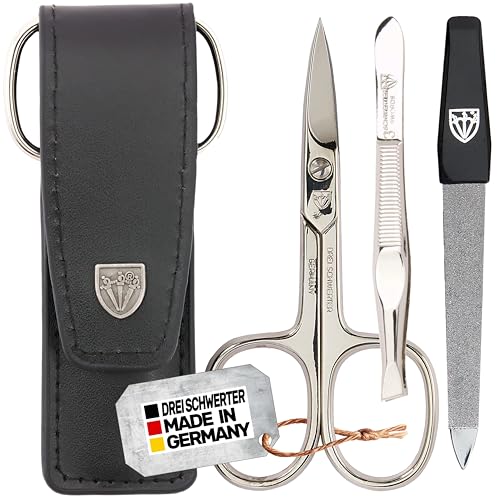 DREI SCHWERTER - 3-tlg. Nagelpflegeset 'Venezia' | Hochwertiges Maniküre Pediküre Set in Echtleder Nageletui, Farbe Schwarz. MADE IN GERMANY | Inhalt: Nagelschere, Pinzette, Saphirnagelfeile