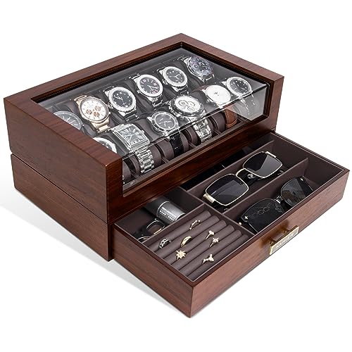 KAMIER Uhrenbox Herren mit 12 Fächern, Luxuriöse Groß Echtholz Watch Box 2 Ebenen, Uhrenkasten mit herausnehmbaren Uhrenkissen und Schublade, Premium Uhrenkoffer mit Glasdecekel (mit Geschenkbox)