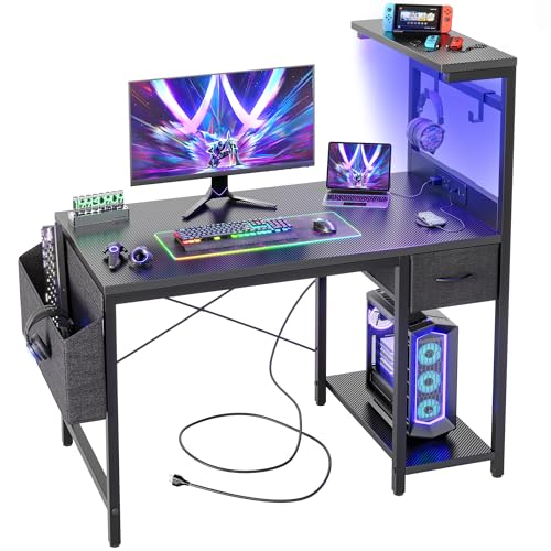 BEXEVUE LED Schreibtisch 100x50 cm mit Kohlefaserplatte, Gaming Tisch mit Schublade, Beutel und 2 Kopfhörer-Haken, computertisch mit Steckdosen, Schwarz