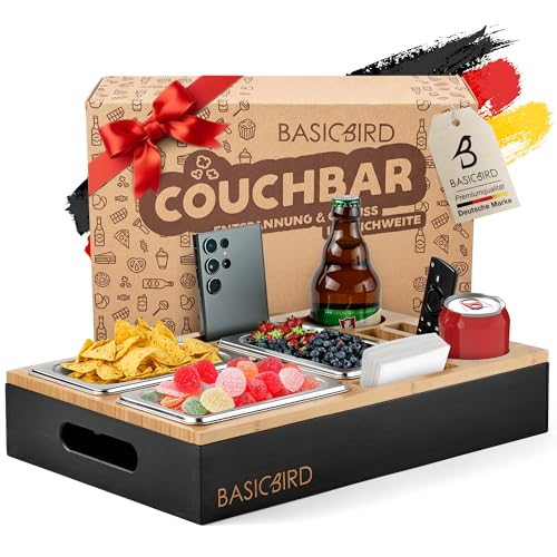 BASICBIRD® Couchbar Snackbox – Holz Sofatablett für Sofa (Black Body)