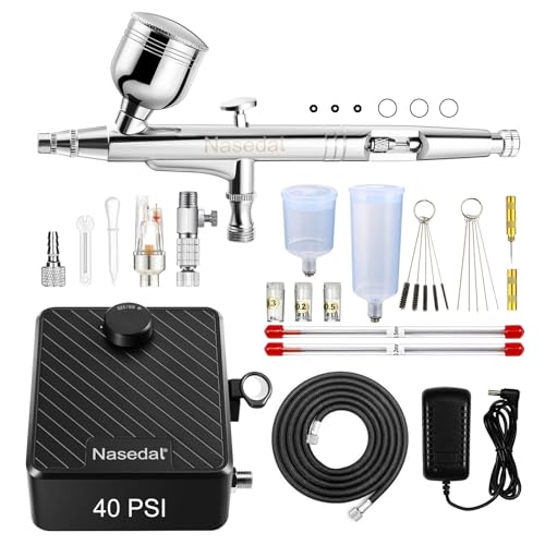 Nasedal Airbrush Kompressor Set, 40 PSI Auto-Stop-Kompressor, Dual-Action-Airbrush für Modellbau, Nageldesign, Make-up, Tortendekoration, Kunst, Handwerk und Tätowierungen mit komplettem Zubehör