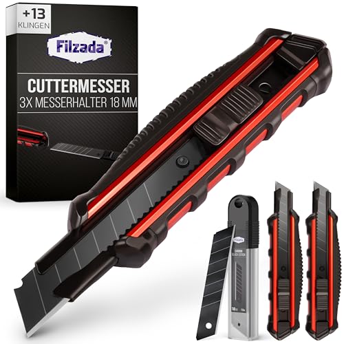 Filzada ® 3x Cuttermesser Profi inkl. 13x Carbonstahl Klingen BLACK - Cuttermesser 18mm - Robustes Teppichmesser Profi - Cutter Messer Set - Kattermesser Metall ULTRASCHARF