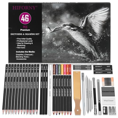 HIFORNY 46-teiliges Skizzierstifte-Set, Skizzenstifte, Kunstzubehör mit farbigen Kohlestiften, Graphit, Kohle, Mischwerkzeuge, Zubehör, Zeichenset für Erwachsene, Künstler