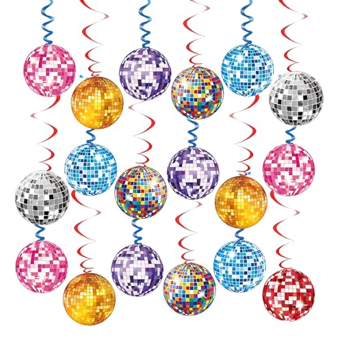 36 Stück Partydeko mit 18 Discokugeln und 18 Luftschlangen in 3 Farben, Ballons 13 cm, Luftschlangen 75 cm, Discokugel Deko, Disco Party und Retro Events