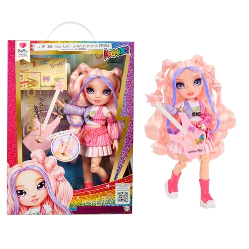 Rainbow High Junior High Rock Band - Bella, Pink - 23 cm Modepuppe mit Bassgitarre, Individuell mit Aufklebern Gestaltbar, Beweglich, Süßes Spielzeug für Kinder ab 4 Jahren