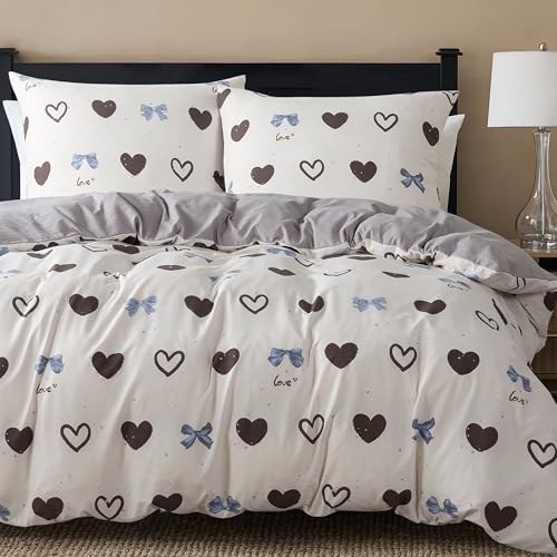 R.SHARE Bettwäsche Set 2teilig, 1 Bettbezug 135 x 200 mit 1 Kissenbezüge 80x80 cm, Kuschel Bettwäsche Schleifen Muster mit Reißverschluss ÖKO-TEX Bedding, Herz Schleife
