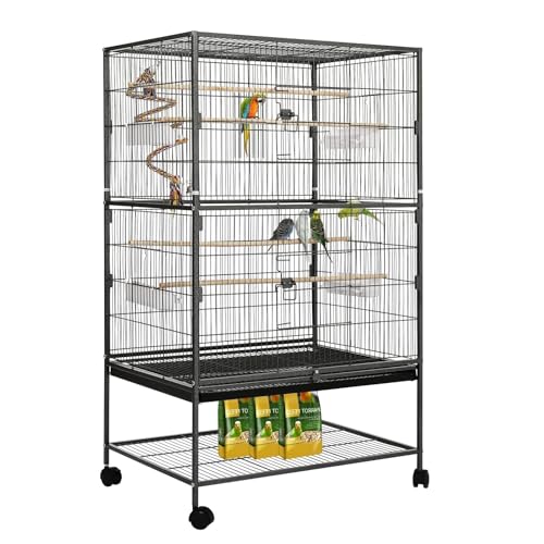 LIFERUN Vogelkäfig groß, Vogelkäfig aus Metall, Vogelbauer mit 4 Rollen, Wellensittich käfig mit Futternapf, Käfigspielzeug, Spring-Schaukel für Vogel mit 2 Türen 4 Holzstangen, 132 x 78 x 52 cm