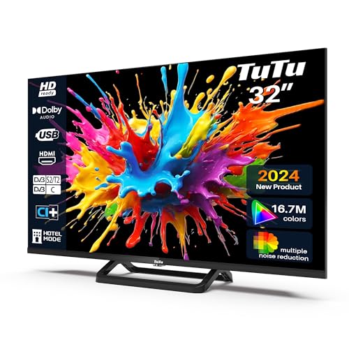 TuTu TUB32HN1NC Fernseher 32 Zoll (80cm) LED HD-Ready Triple Tuner (DVB-T/T2-C-S/S2) HDMI USB-Media Player CI/CI+ Hotelmodus Mittelfuss