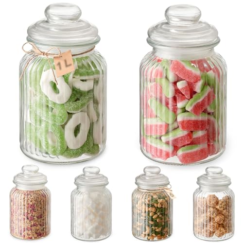 Praknu 6er Set Bonbongläser 1 L – Candy Bar – Vorratsgläser mit Deckel Groß