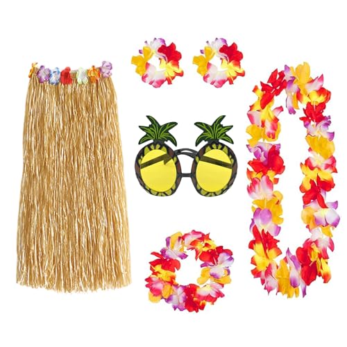 6er Hawaii Hula Set,Hawaii Party Faschingskostüm,Hawaii Kette Blumen und Ananas Sonnenbrille,mit Bastrock Hawaii Outfit Damen,Hawaii Kostüm Damen,für Tropisches Luau Strand Geburtstag Party Zubehör