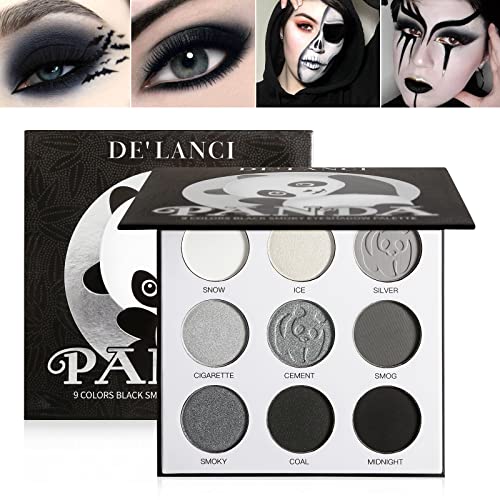 Schwarz Smoky Lidschatten Palette - DE’LANCI PANDA 9 Farben True Black Dark Grey Smokey Eyeshadow Palette Goth Makeup,Soft Matt Shimmer High Pigmented Basic Schwarz White Grey Shade for Halloween