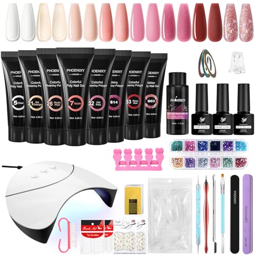 PHOENIXY Nagelset Gelnägel Starterset, 8 Farben Gel Nägel Set mit 36W U V/LED Nagellampe, Poly Nagelgel Set mit Manicure Tools Komplette Poly Nail Gel Starter Set Geschenk für Frauen