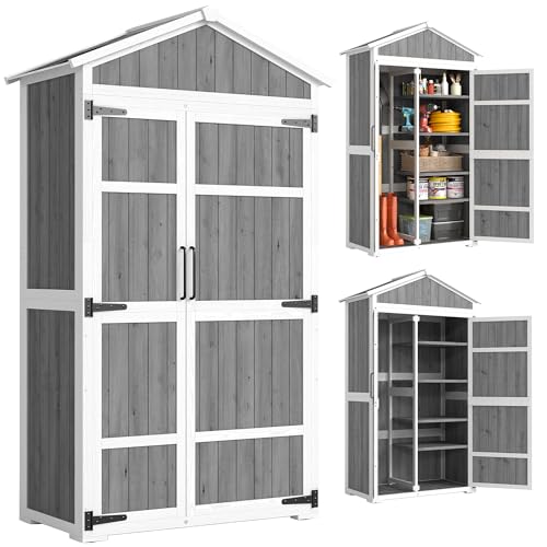 Outsunny Gartenschrank aus Holz – Gartenhaus für den Außenbereich, wasserdicht, mit Metalldach – Aufbewahrungsmöbel für Terrasse mit Doppeltür für Gartengeräte, 105 x 55 x 179 cm, Weiß und Grau