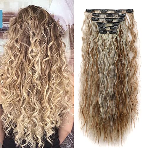 Gairyan Clip in Extensions wie Echthaar günstig Haarteile 6 Teile Set 50cm Haarverlängerung Haarteile Clip in Haare Extension Synthetische Gewellt Wellig Lang Lockig, Hellbraun & Blond