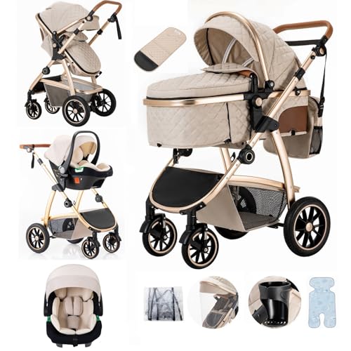 Lnhcrbs Kinderwagen 3 in 1, Baby Born Kinderwagen mit Einstellbarer Höhe Griff, Bergsteiger Pushchair mit Anti-Moskitonetz Regen Abdeckung Mumie Tasche Flaschenhalter, for 0-4 Years, 22Kg,Beige