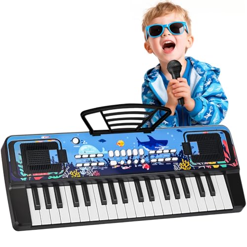 Kinder Keyboard Klavier mit Mikrofon Notenständer, 37 Tasten Tragbare Elektronische Kinderklavier Musik Spielzeug ab 3 4 5 6 Jahren, Geburtstag Weihnachten Geschenke für Jungen/Mädchen, Schwarz