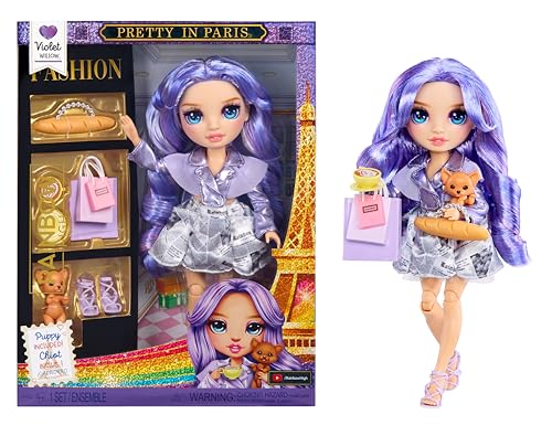 Rainbow High Pretty in Paris Modepuppe - Violet Willow - 28 cm große Modepuppe in Lila mit Welpen, Handtasche und Accessoires, zum Spielen, beweglich, Sammlerstück, für Kinder von 4 bis 12+ Jahren