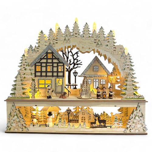 Wichtelstube-Kollektion LED Schwibbogen Fachwerkhaus Kurrenden vor Weihnachtspyramide Lichterbogen Weihnachten Schwippbogen mit Podest Holz Weihnachtsdeko