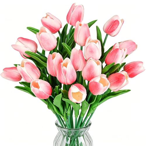 ADORAMOUR Gradient Rosa Künstliche Tulpen - 20 Stück 34cm Länge Künstliche Blumen Strauß, Real Touch PU Faux Florale Kunsttulpen Deko für Vasen, Hochzeitstisch, Wohnzimmer, Frühling Ostern & Party