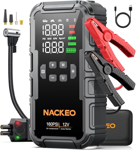 8000A Starthilfe Powerbank für Pkw mit Kompressor (160PSI), 12V Auto Starthilfe Powerbank für Benzin & bis 12L Diesel, tragbarer Jump Starter mit 600LM LED-Licht, Starthilfekabeln & großem LCD-Display