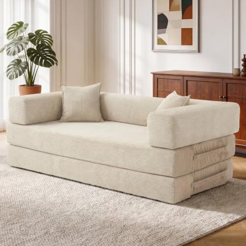 Vipbear 200cm Modulares Sofa, aus Hochwertiges Cord mit Hochdichter Schaumstoff, 5-in-1 Umwandelbares Vielseitig 3-Sitzer Schlafsofa für das Wohnung, Weiß