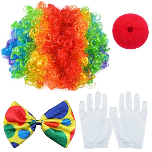Sikweny 4 Stück Art Clown Kostüm Accessoires Set Zirkus Stil Clownsnasen Rot Perücke Fliege Weiße Handschuhe Clown Kostüm Kinder für Halloween Karneval Bühnenauftritte Theateraufführungen