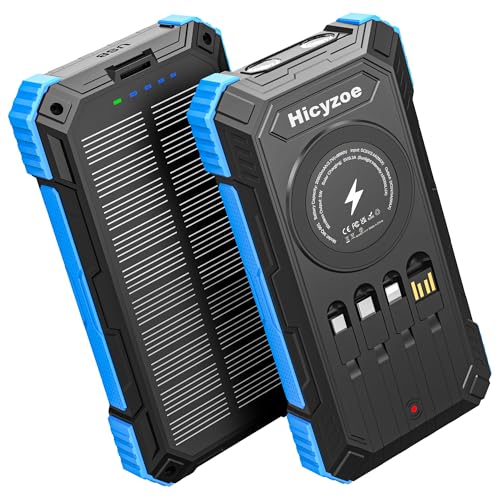 Solar Powerbank, 26800 mAh Tragbares Ladegerät mit 4 Integrierten Kabeln, Solar-Akkuladegerät mit USB-C Schnellladung, Qi-Wireless-Charging mit LED-Taschenlampen für Handys, Tablets und Camping