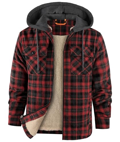 zitysport Hemdjacke Herren Hemd Sherpa Fleece Kariert Gefüttert Kapuzenjacke Fleecefutter Mantel Winterjacke mit Taschen Flanelljacke Outdoor Kariertes Männer Sweatjacke mit Kapuze(Rot Grau, L)