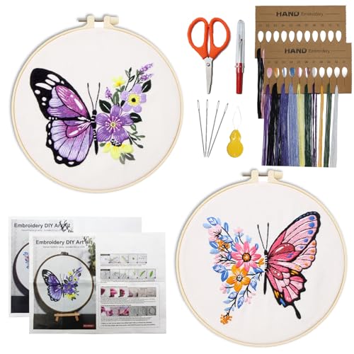 SHENSAIGO Stickset für Anfänger, 2 Stück Sticken Set Erwachsene Schmetterling, Embroidery Kit mit Stickrahmen und Werkzeugen, Blumen Kreuzstich Set Vorgedruckt für DIY Handstickere Stickereiliebhaber