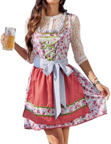 Zeagoo Traditionelles Dirndl aus Exklusiver Kollektion Midi Kleider Oktoberfest inkl. Dirndlschürze Rose L