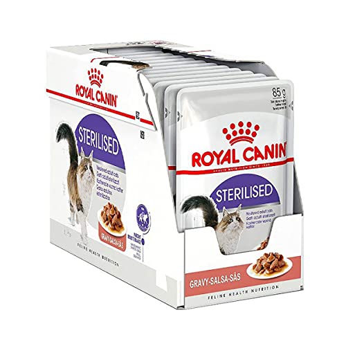 Royal Canin Sterilised in Soße | 12 x 85 g | Alleinfuttermittel für ausgewachsene Katzen | Speziell für kastrierte Katzen ab dem 12. Monat | Stückchen in Soße