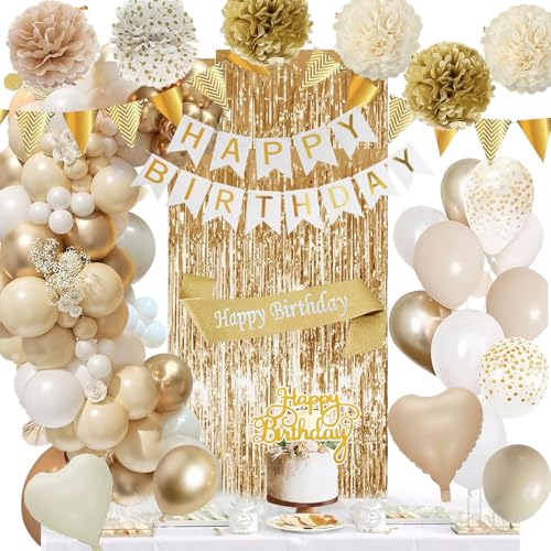 Geburtstagsdeko Gold, Beige Gold Weiß Party Deko Geburtstag Set mit Happy Birthday Banner, Konfetti Luftballons, Lametta Vorhänge, Geburtstags Schärpe, Pompons für Frauen Mädchen Geburtstag Deko