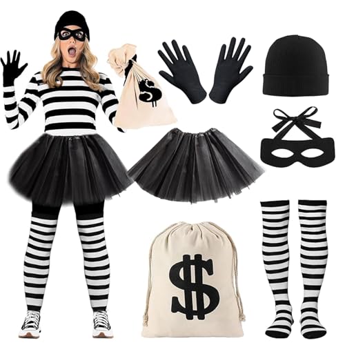 PUERFOCA Räuber Kostüm Damen, 6 Stück Bankräuber Kostüm für Erwachsener mit Hut Maske Handschuhe Socken Tasche, Dieb Kostüms für Halloween Karneval Cosplay Kostüms