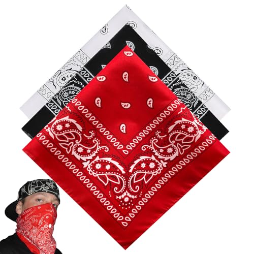 3 Stück, Bandana Damen Herren, Kopftuch, Halstuch Herren, Kopftücher Für Damen, Für Unisex Tuch Bindetuch, Headwear, Haar, Schal, Paisley Muster, Rot Schwarz Und Weiß (55 X 55 Cm)