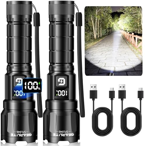 GEARLITE Taschenlampe LED Aufladbar 2Stück, 3 Lichtmodi 6000LM Superhelle Zoombares Taschenlampen mit LCD Batterie Display, IP65 Wasserdichte & XHP70.2 Taktische Handlampe für Camping Wandern, Notfäll