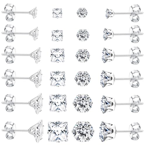 Dochais 12 Paar Ohrringe Männer,Ohrringe Herren Silber,Medizinische Ohrstecker aus 316L Chirurgenstahl, Hypoallergene Edelstahl Ohrring Set,Zirkonia Ohrstecker für Herren Damen Unisex