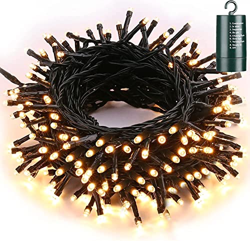 Qedertek Lichterkette Batterie 20M Weihnachtsbeleuchtung 200 LED Warmweiß, 8 Modi Wasserdichte Weihnachtsdeko für Innen Außen, Garten, Hochzeit, Party, Weihnachtsbaum (Grünes Kabel)