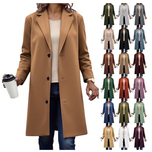 EMATOP Wollmantel Damen Winter Warm Trenchcoat Elegant Lang Blazer Jacke Langarm Einfarbig Wintermantel Baumwolle Revers Übergangsjacke Klassisch Business Windbreaker Mode Knopf Outdoorjacke
