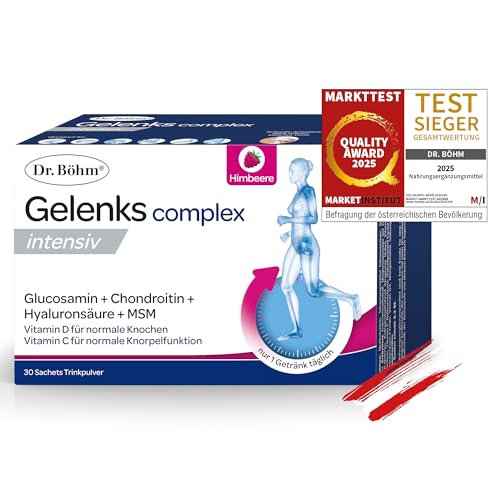 Dr. Böhm Gelenks complex intensiv: Für Knorpel, Knochen & Gelenke, Trinkpulver mit Gelenknährstoffen, Calcium und Vitamin D, mit Himbeer-Geschmack, 30 Stk