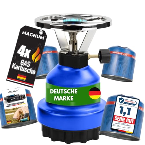 Magnum Camping&Gaskocher Set E190 mit 4 Gaskartuschen Gasherd/Kochfeld 1-flammig geeignet für Outdoor, Freizeit, Wanderung, Picknick Camping und Veranstaltungen
