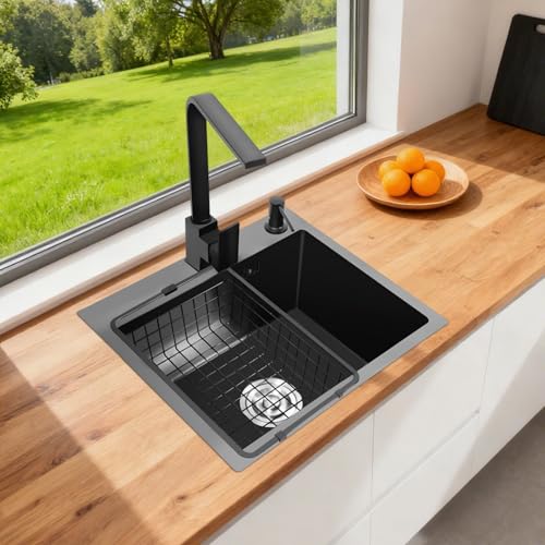 BAOCHADA 40x45cm Spüle Schwarz,Spülbecken Granit,Edelstahl Küche Waschbecken mit Seifenspender und Drainage-Set,Spülbecken küche & Einbau spülbecken für ab 40er Unterschrank