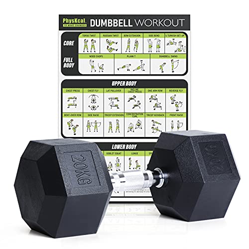 PhysKcal Hexagon Hanteln Poly-Gummierte | 20 kg 1 Stück | Rutschsicher Ummantelt | Ergonomische Verchromte Griffe | Kurzhantel-Set | Dumbbells Set