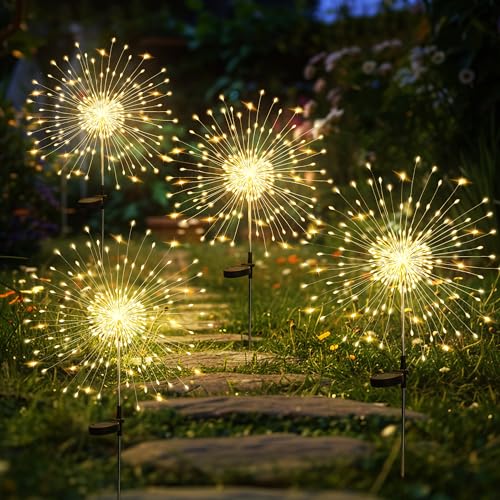 GIGALUMI Gartendeko Solarleuchten für Außen,4 Stück 120 LED Feuerwerk Solarleuchten, Wetterfest Pusteblume Solarlampen für Balkon Terrasse Blumenkästen Hof Deko