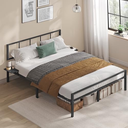 VASAGLE Doppelbettgestell, Bett, passend für 140 x 200 cm Matratze, Metallbett, Bettrahmen, mit Kopfteil, modern, mit Aufbewahrungsregalen, Gästebett, für Teenager, tintenschwarz RMB194BD01