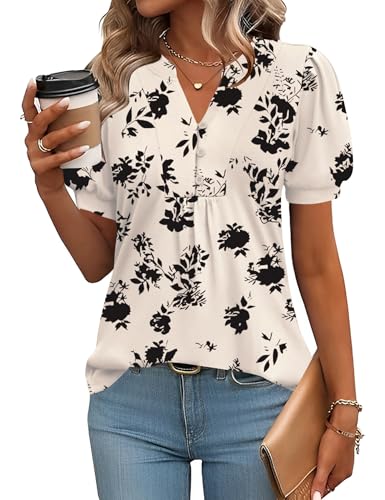 Rapbin Bluse Damen Kurzarm Tunika Elegantes Oberteil V-Ausschnitt Knopfleiste T-Shirt Business Casual Outfits Blumen-Schwarze XL