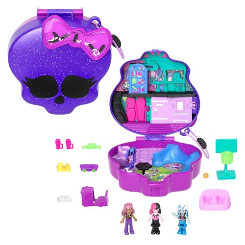 Polly Pocket Monster High Spielset mit 3 kleinen Puppen und 10 Zubehörteilen, Schulwelt im Inneren, tragbares Reisespielzeug mit Aufbewahrungsmöglichkeit, HVV58