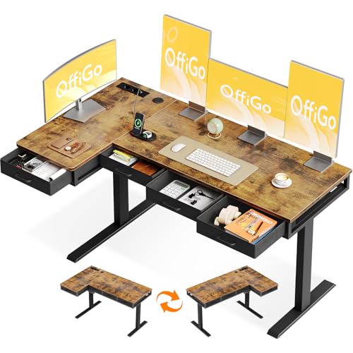 OffiGo Eckschreibtisch Höhenverstellbar, 160x80 cm Höhenverstellbarer Schreibtisch mit 4 Schublade, Elektrischer Tisch L Form mit Steckdose für Büro und Arbeitszimmer, Groß Ecktisch Vintage Braun